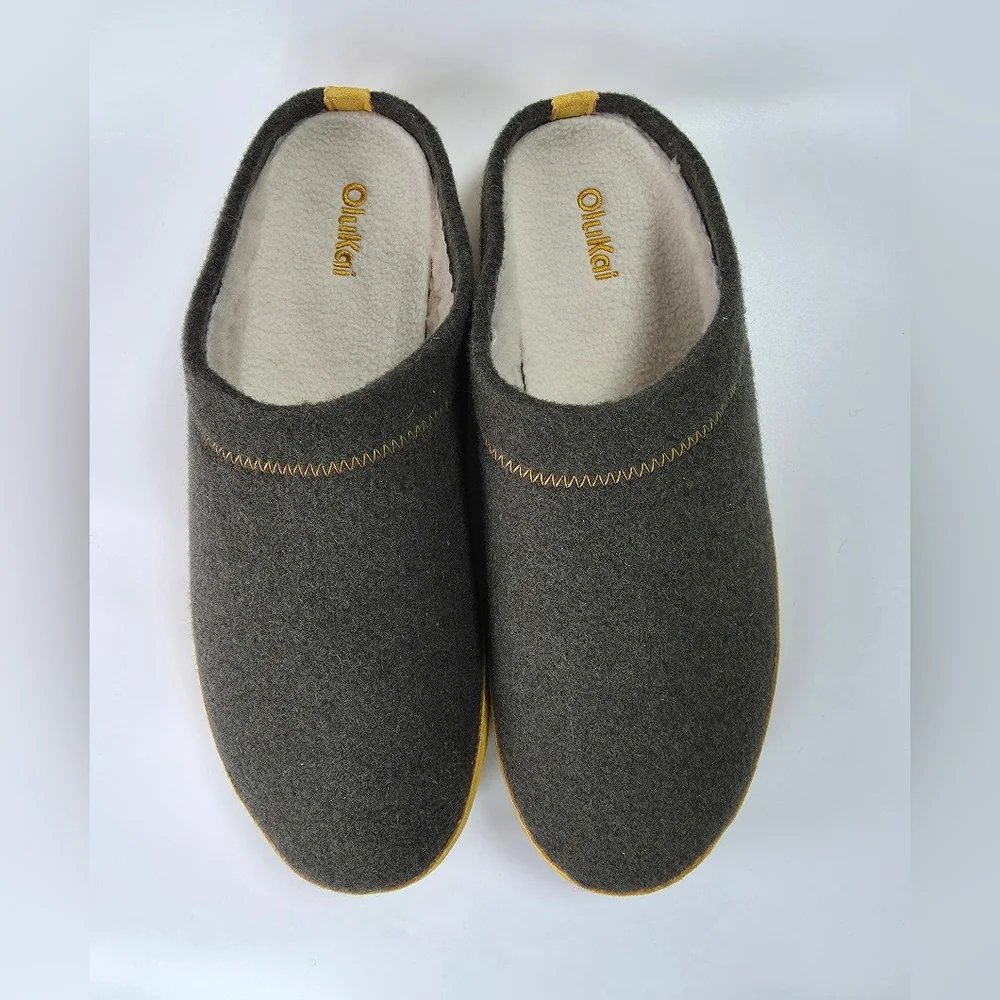 New Olukai Hamani Hulu Men's Wool Mule Slipper in Dusty Olive / Mustard Size 11